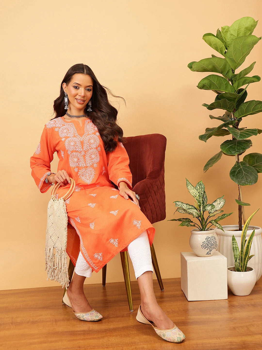 Ada Hand Embroidered Rust Cotton Lucknow Chikankari Kurta A411400