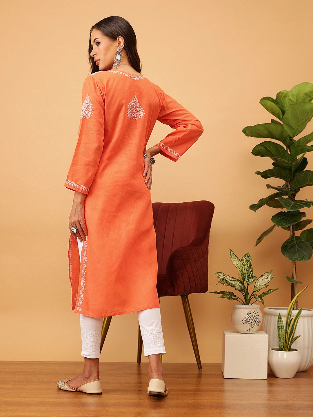 Ada Hand Embroidered Rust Cotton Lucknow Chikankari Kurta A411400