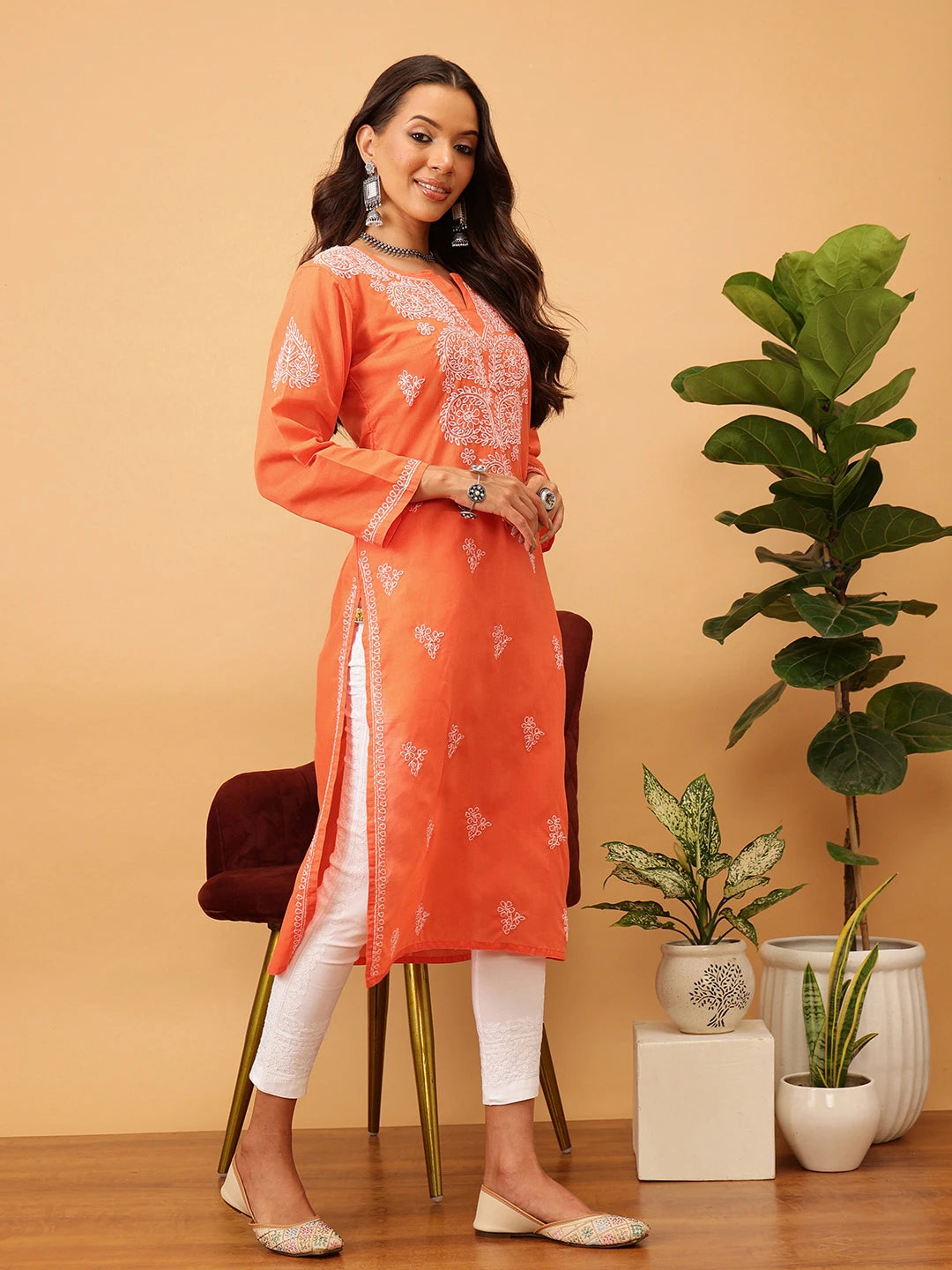 Ada Hand Embroidered Rust Cotton Lucknow Chikankari Kurta A411400