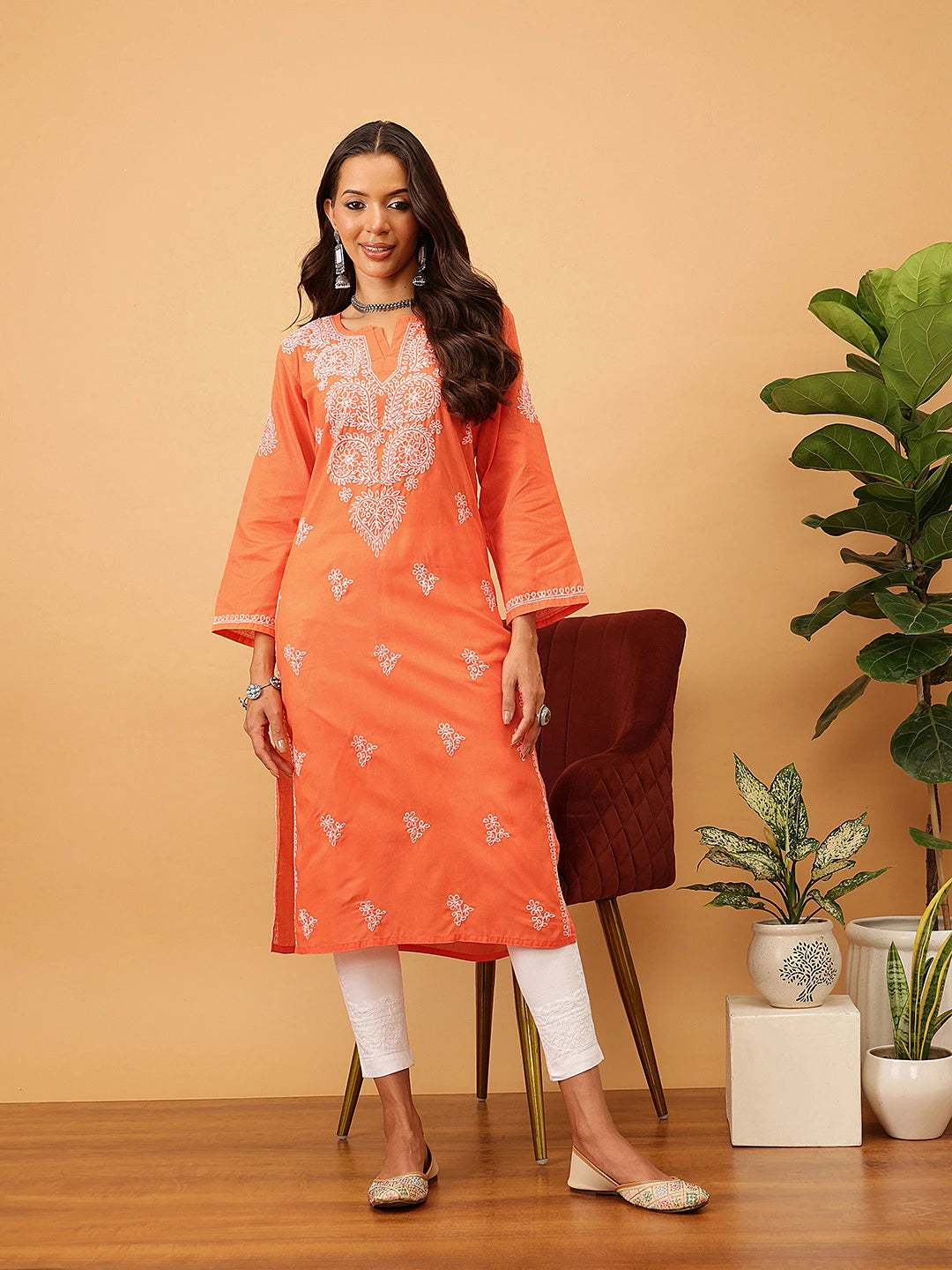 Ada Hand Embroidered Rust Cotton Lucknow Chikankari Kurta A411400