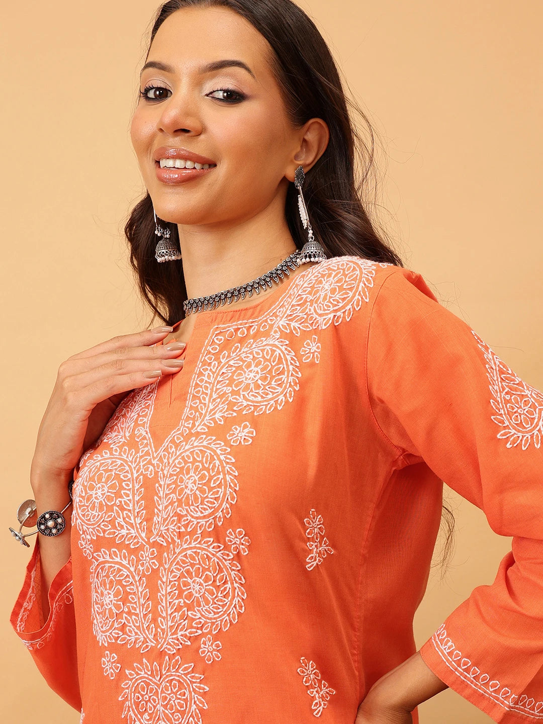 Ada Hand Embroidered Rust Cotton Lucknow Chikankari Kurta A411400