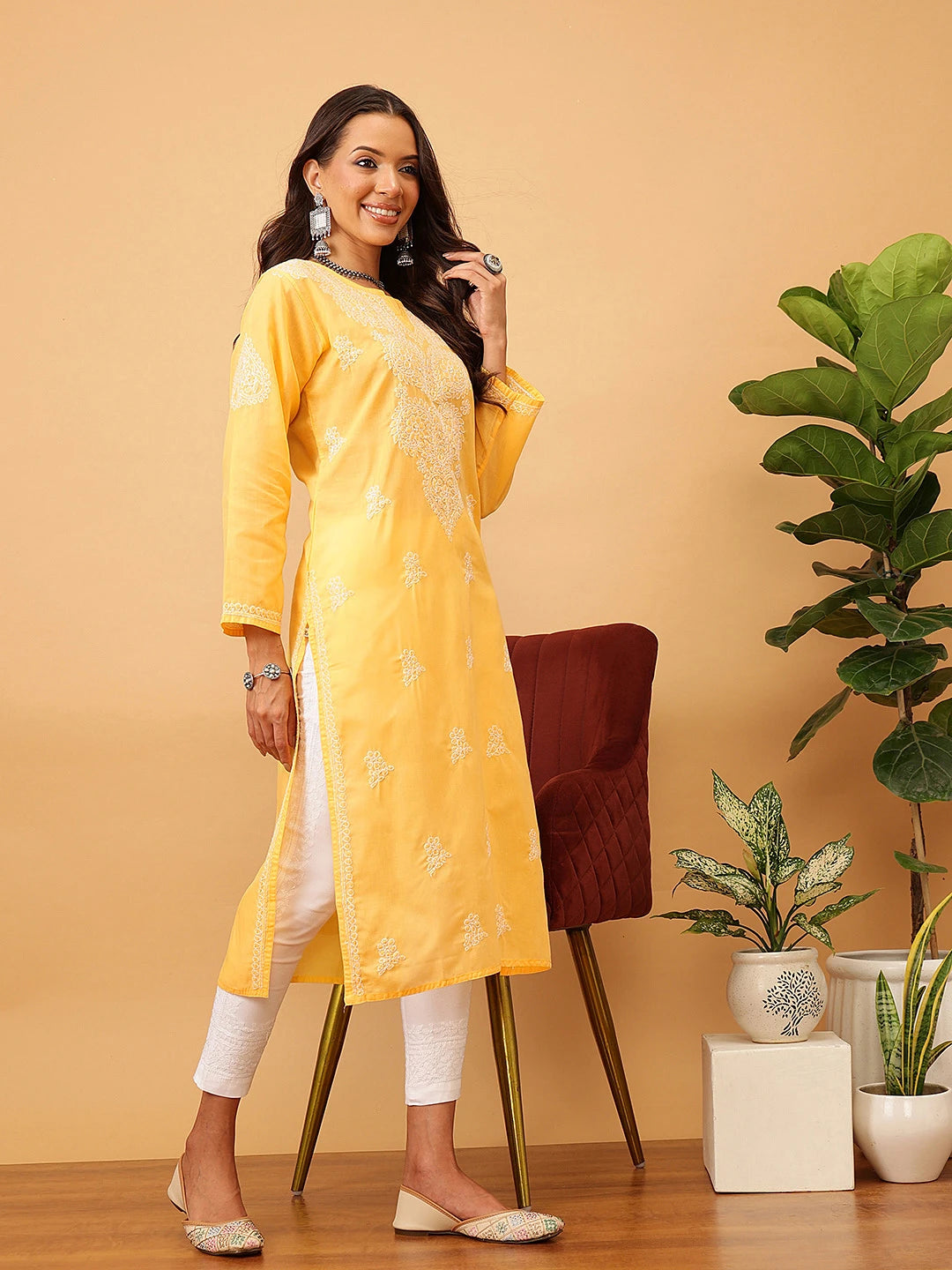 Ada Hand Embroidered Yellow Cotton Lucknowi Chikankari Straight Kurta A411172