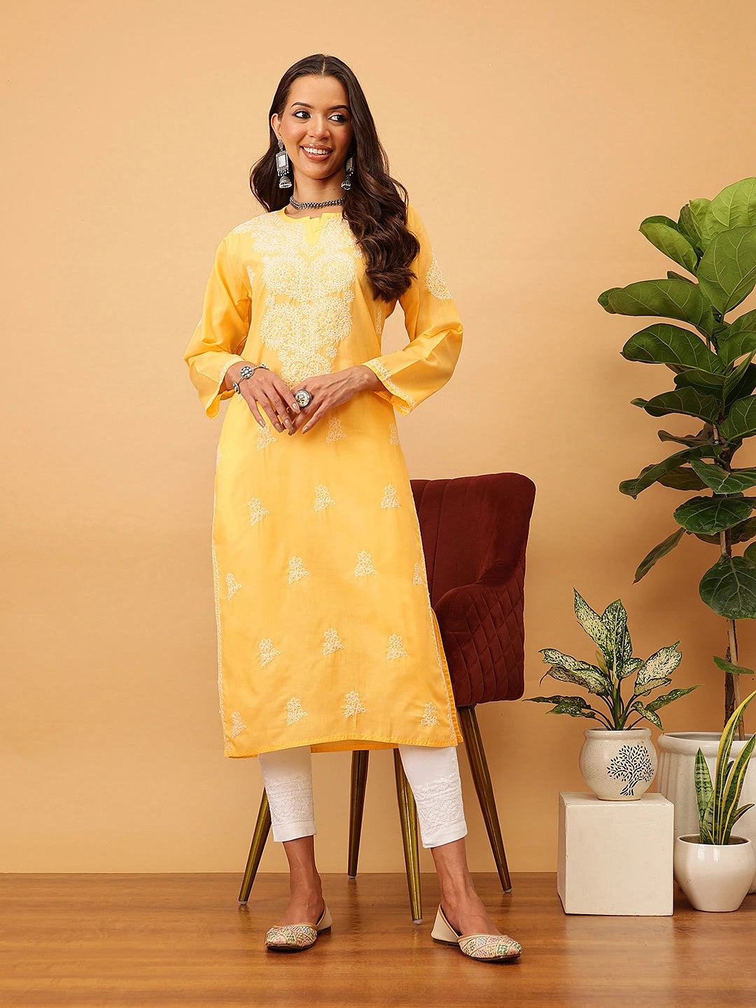 Ada Hand Embroidered Yellow Cotton Lucknowi Chikankari Straight Kurta A411172