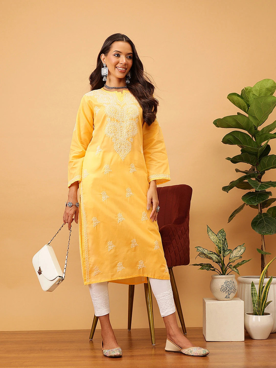 Ada Hand Embroidered Yellow Cotton Lucknowi Chikankari Straight Kurta A411172