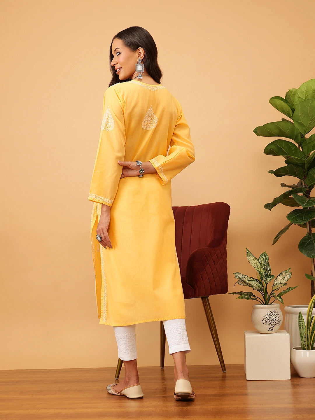 Ada Hand Embroidered Yellow Cotton Lucknowi Chikankari Straight Kurta A411172