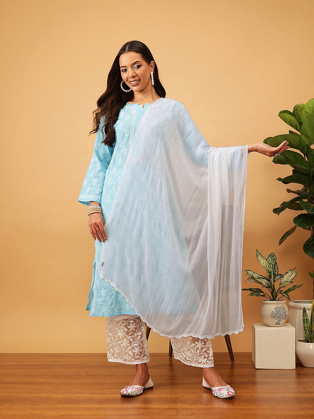 Ada White Chiffon Dupatta With Muqaish Work A100275