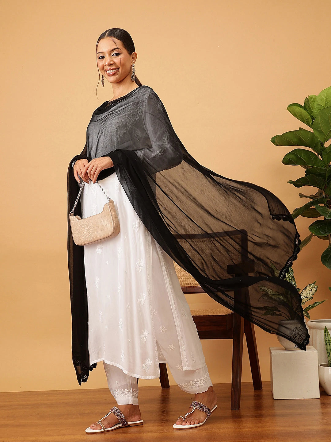Ada Black Chiffon Dupatta With Muqaish Work A511146