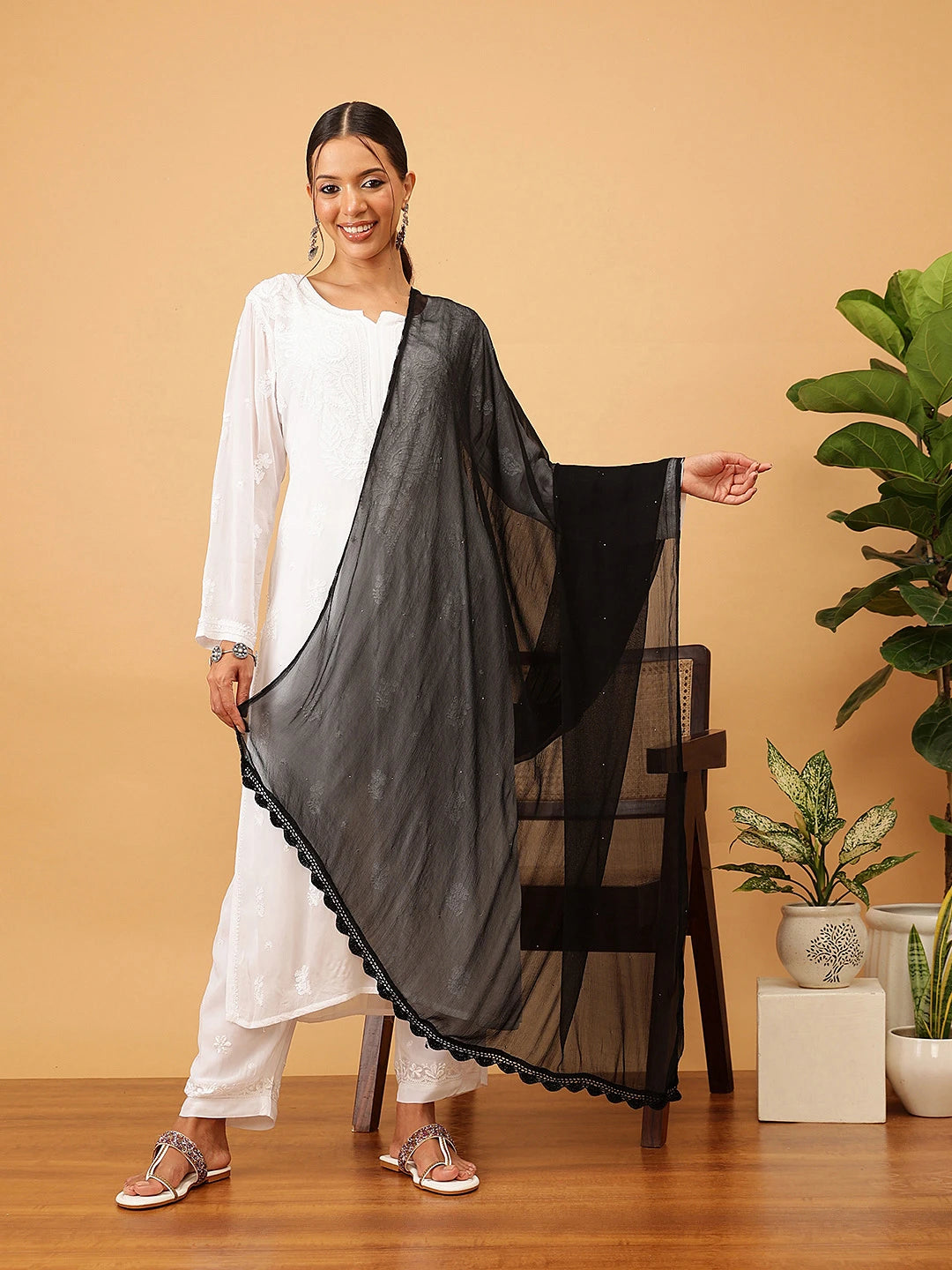 Ada Black Chiffon Dupatta With Muqaish Work A511146