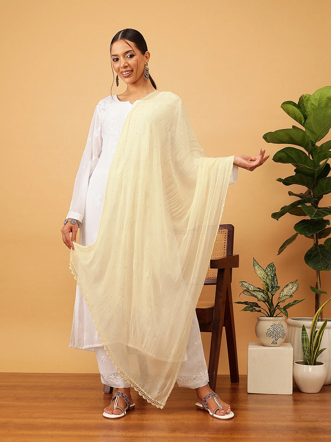 Ada Fawn Chiffon Lucknowi Dupatta With Muqaish Work A511178