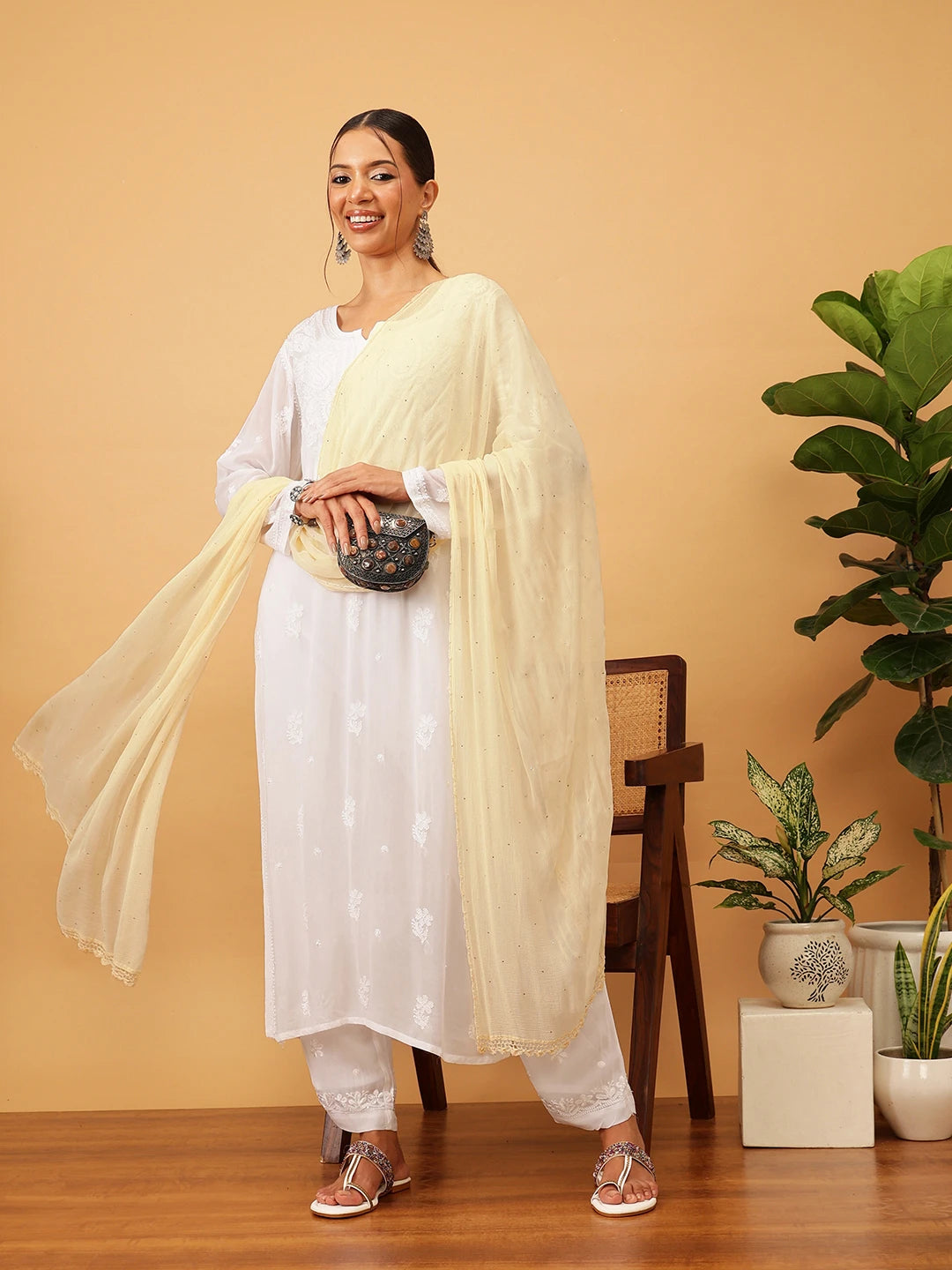 Ada Fawn Chiffon Lucknowi Dupatta With Muqaish Work A511178