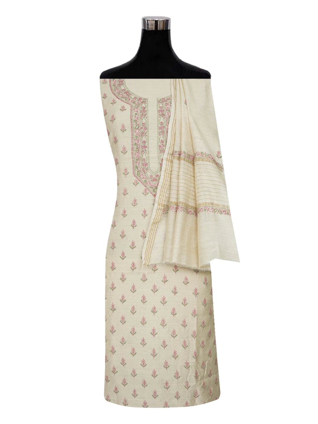 Ada Hand Embroidered Fawn Moonga Silk Lucknowi Chikankari Unstitched Kurta Dupatta Set 01A641532