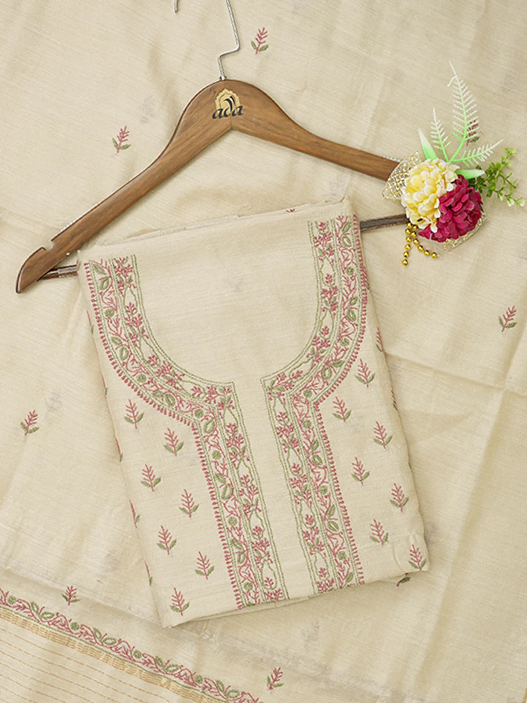 Ada Hand Embroidered Fawn Moonga Silk Lucknowi Chikankari Unstitched Kurta Dupatta Set 01A641532