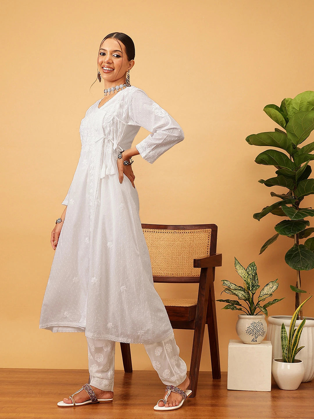 Ada Hand Embroidered White Cotton Lucknow Chikankari Angrakha Kurta A411702