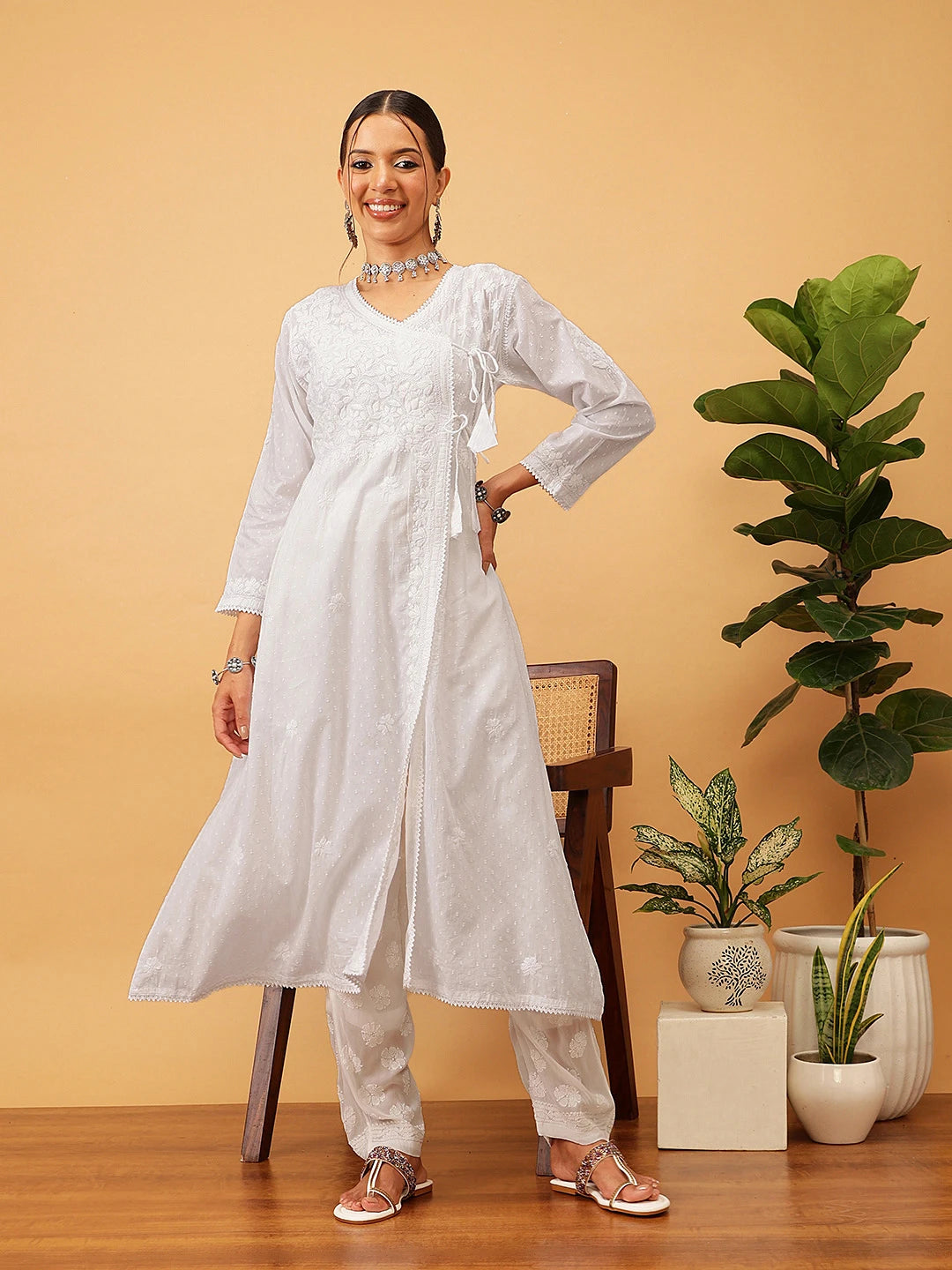 Ada Hand Embroidered White Cotton Lucknow Chikankari Angrakha Kurta A411702