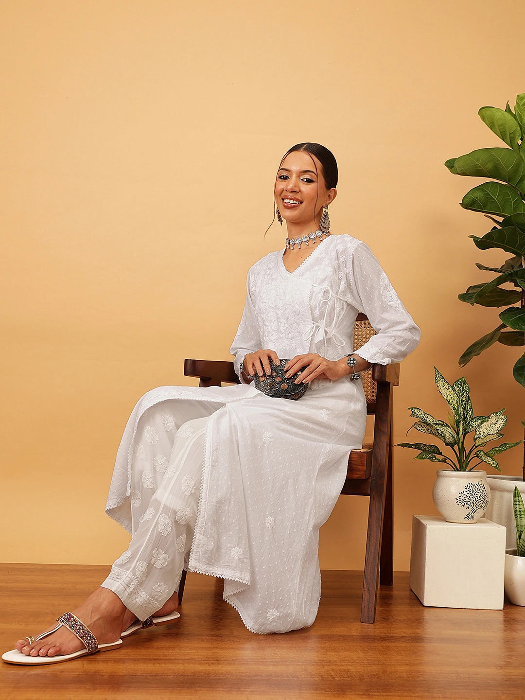 Ada Hand Embroidered White Cotton Lucknow Chikankari Angrakha Kurta A411702