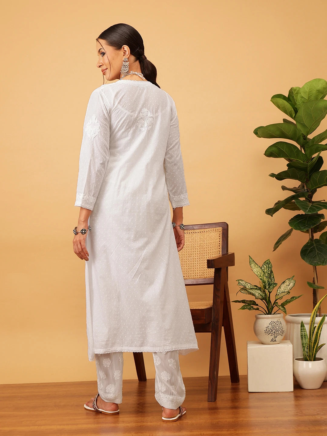 Ada Hand Embroidered White Cotton Lucknow Chikankari Angrakha Kurta A411702