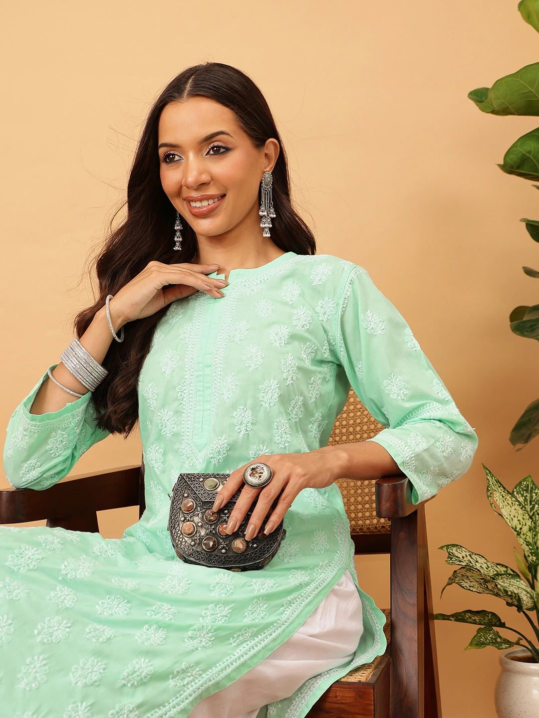 Ada Hand Embroidered Sea Green Cotton Lucknowi Chikankari Straight Kurta A411712