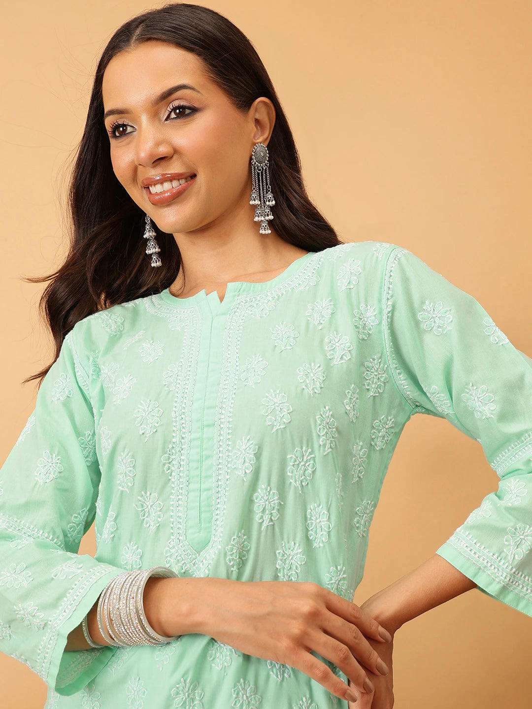 Ada Hand Embroidered Sea Green Cotton Lucknowi Chikankari Straight Kurta A411712