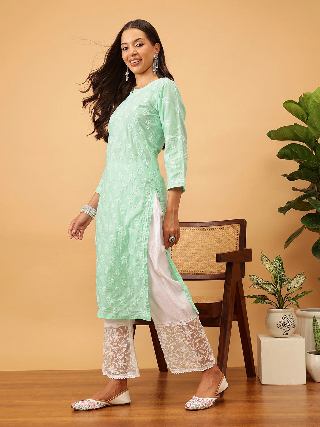 Ada Hand Embroidered Sea Green Cotton Lucknowi Chikankari Straight Kurta A411712