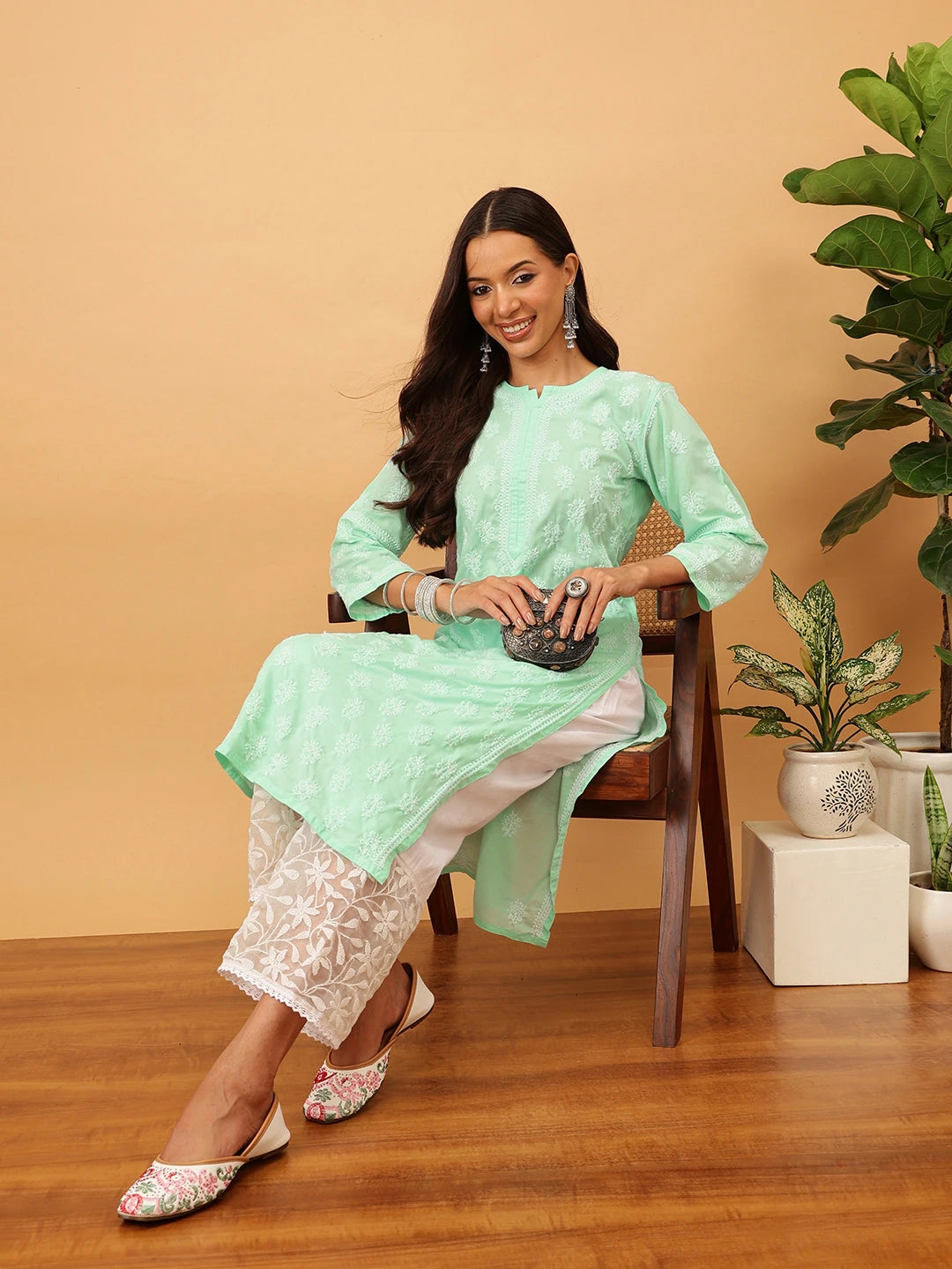 Ada Hand Embroidered Sea Green Cotton Lucknowi Chikankari Straight Kurta A411712