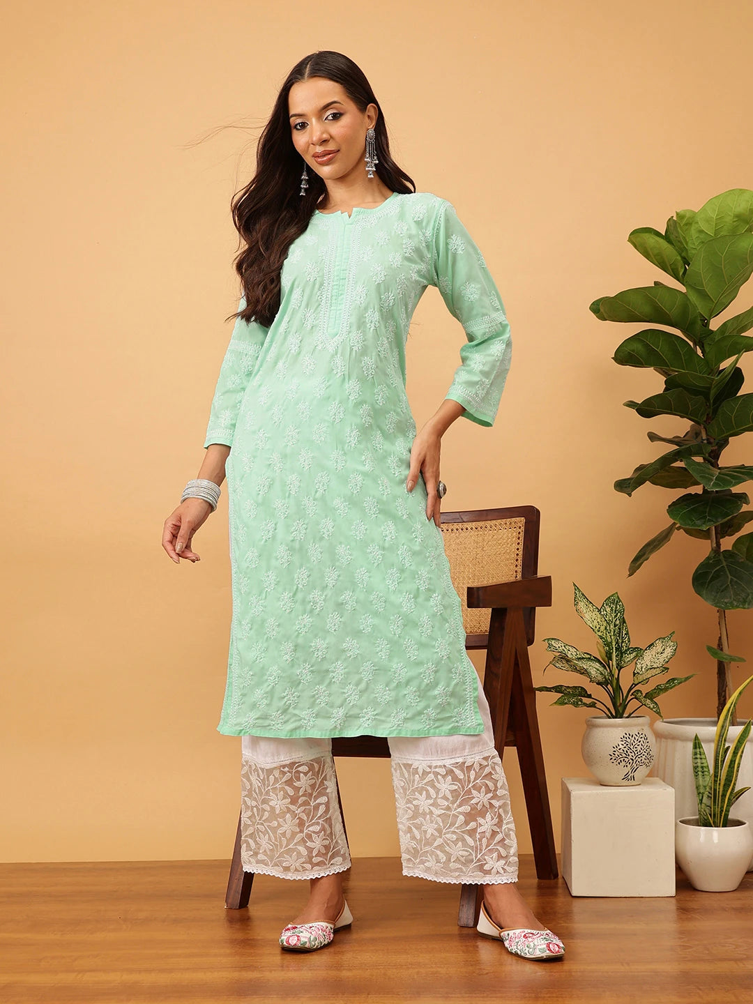 Ada Hand Embroidered Sea Green Cotton Lucknowi Chikankari Straight Kurta A411712