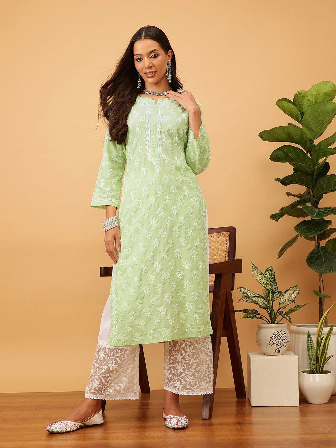 Ada Hand Embroidered Green Cotton Lucknowi Chikankari Straight Kurta A411708