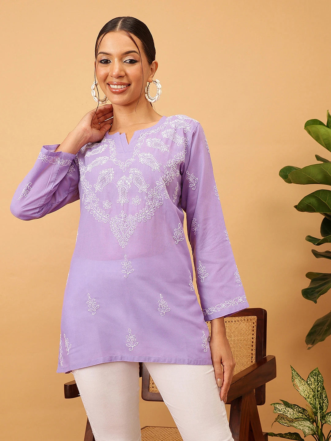 Ada Hand Embroidered Mauve Cotton Lucknowi Chikankari Short Kurti A911204