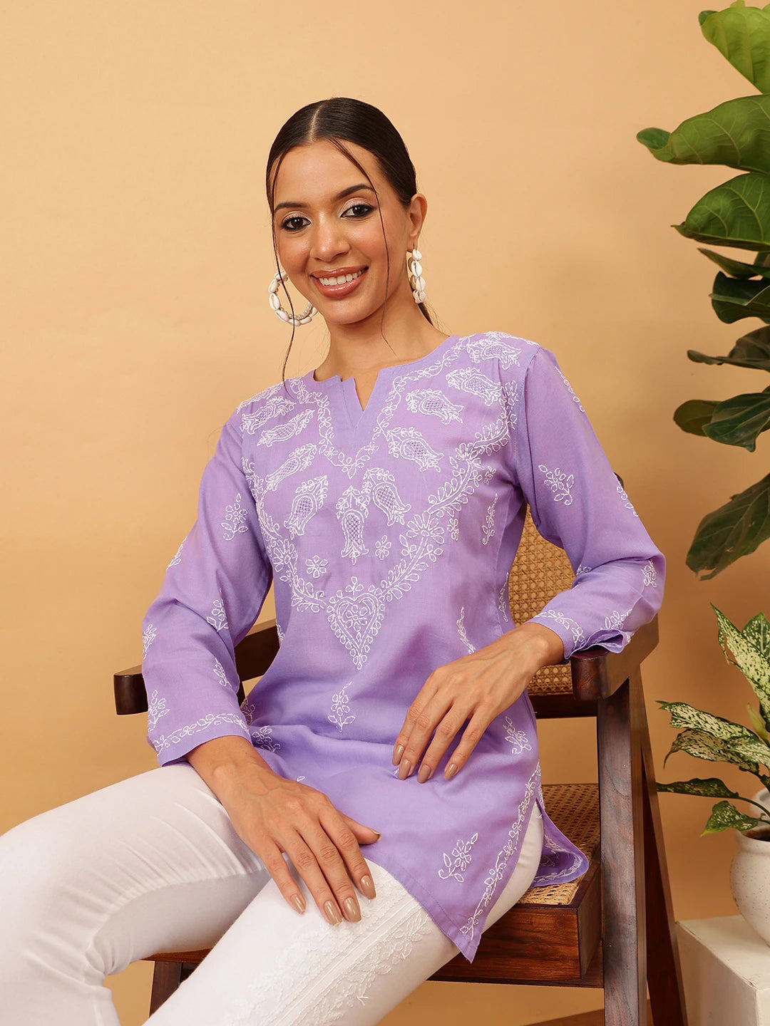 Ada Hand Embroidered Mauve Cotton Lucknowi Chikankari Short Kurti A911204