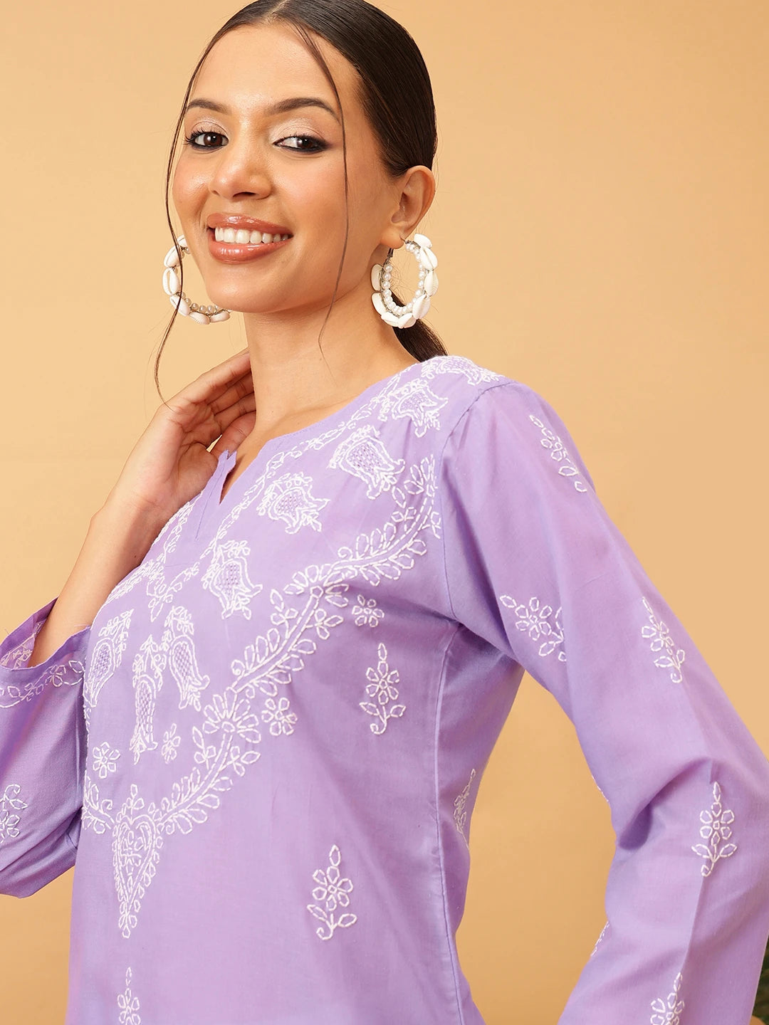 Ada Hand Embroidered Mauve Cotton Lucknowi Chikankari Short Kurti A911204
