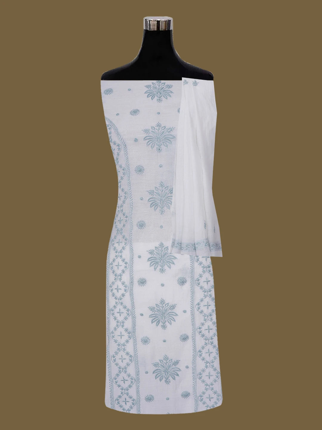 Ada Hand Embroidered White Chanderi Lucknowi Chikankari Unstitched Kurta Dupatta Set 01A643170