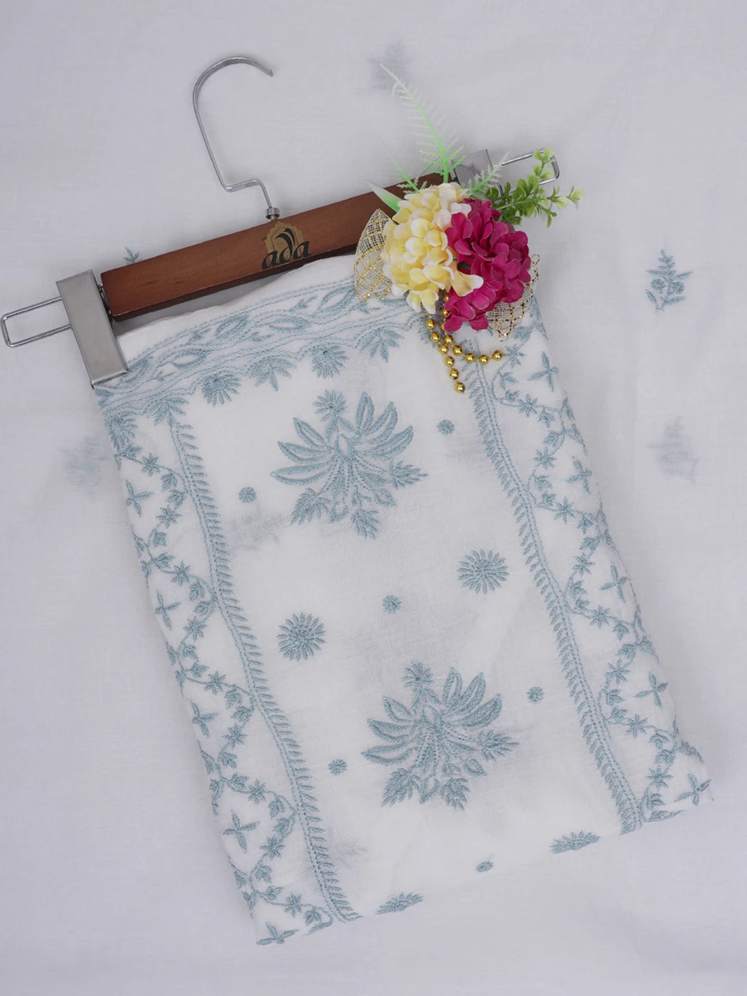Ada Hand Embroidered White Chanderi Lucknowi Chikankari Unstitched Kurta Dupatta Set 01A643170