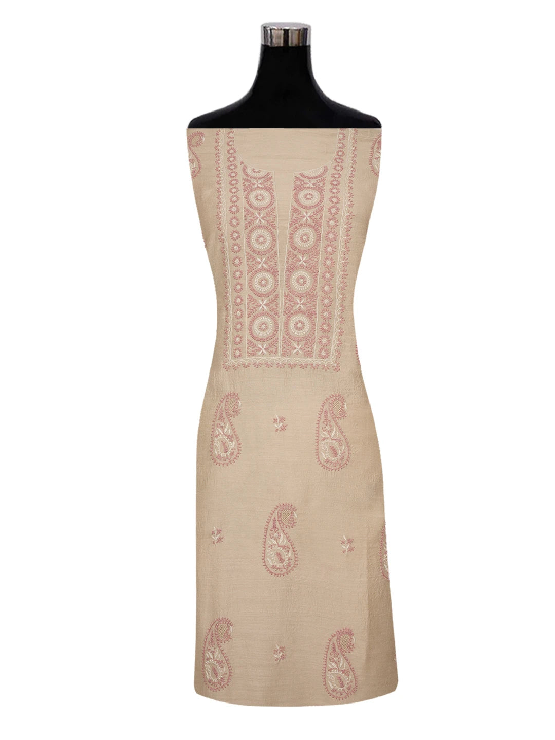 Ada Hand Embroidered Fawn Moonga Silk Lucknowi Chikankari Unstitched Kurta Dupatta Set 01A641543