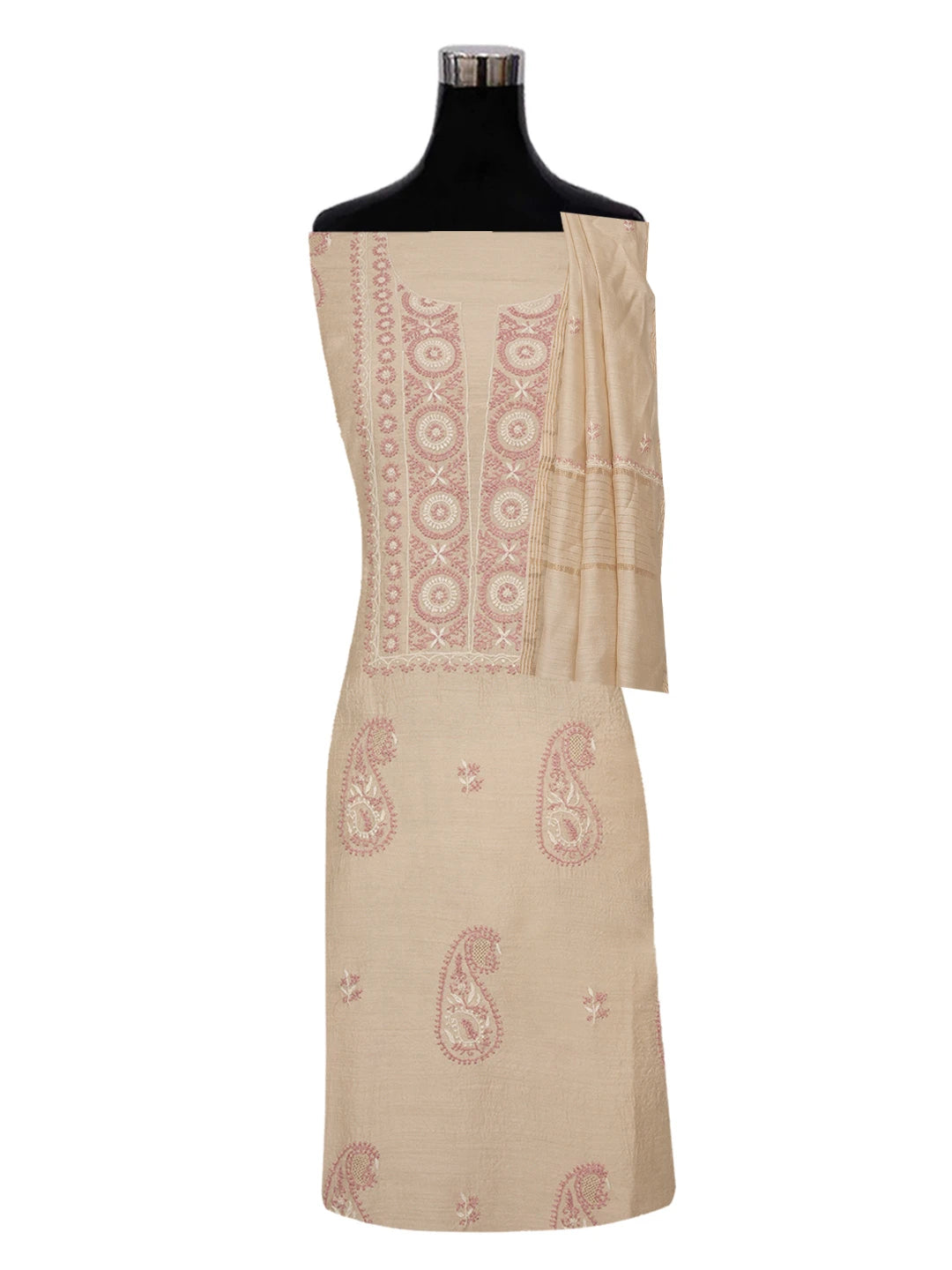 Ada Hand Embroidered Fawn Moonga Silk Lucknowi Chikankari Unstitched Kurta Dupatta Set 01A641543