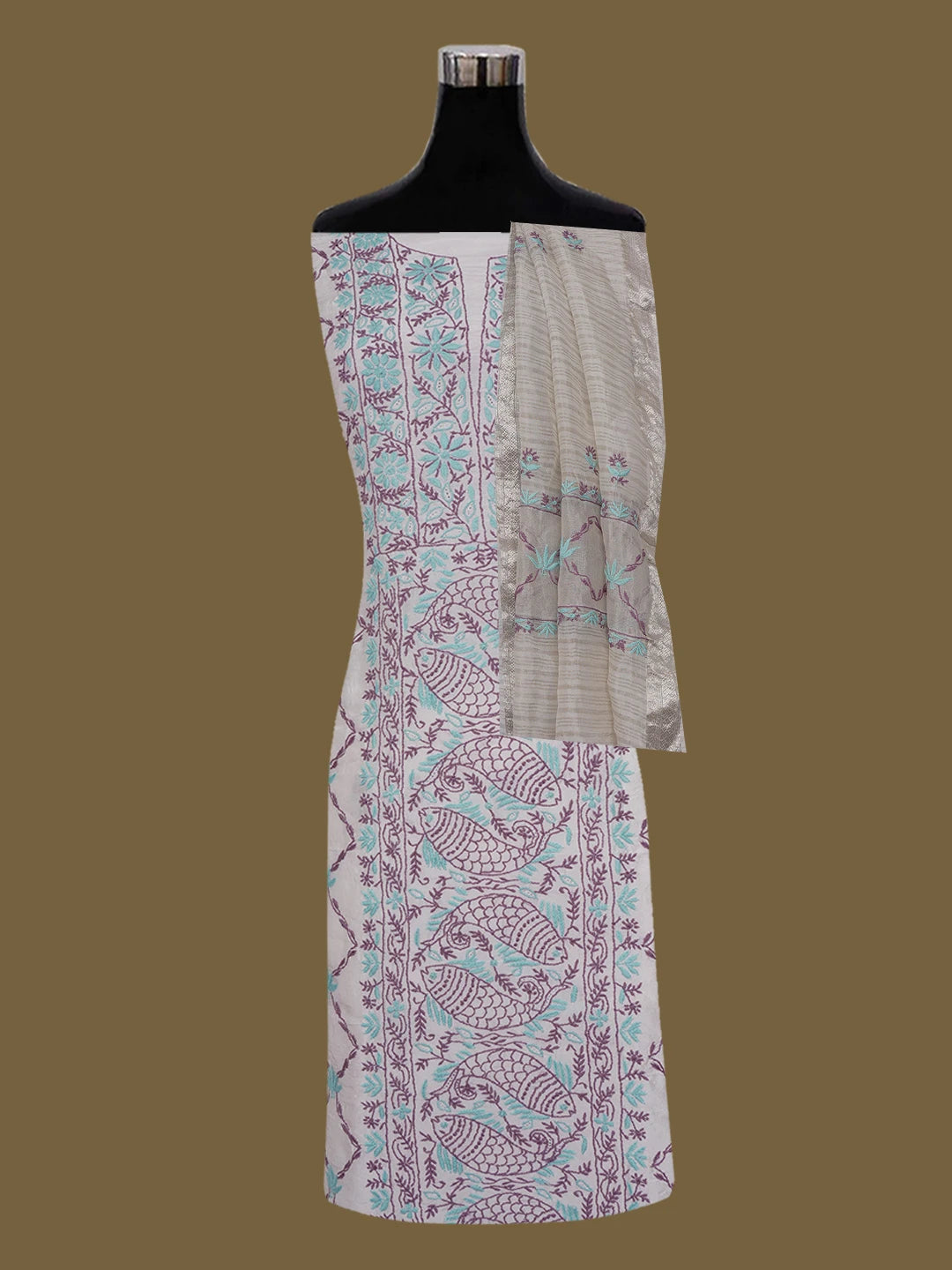 Ada Hand Embroidered White Seashell Silk Lucknowi Chikankari Unstitched Kurta Dupatta Set 01A635422