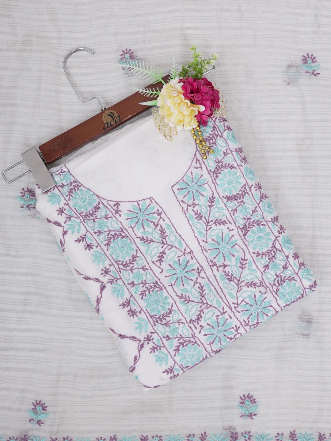 Ada Hand Embroidered White Seashell Silk Lucknowi Chikankari Unstitched Kurta Dupatta Set 01A635422