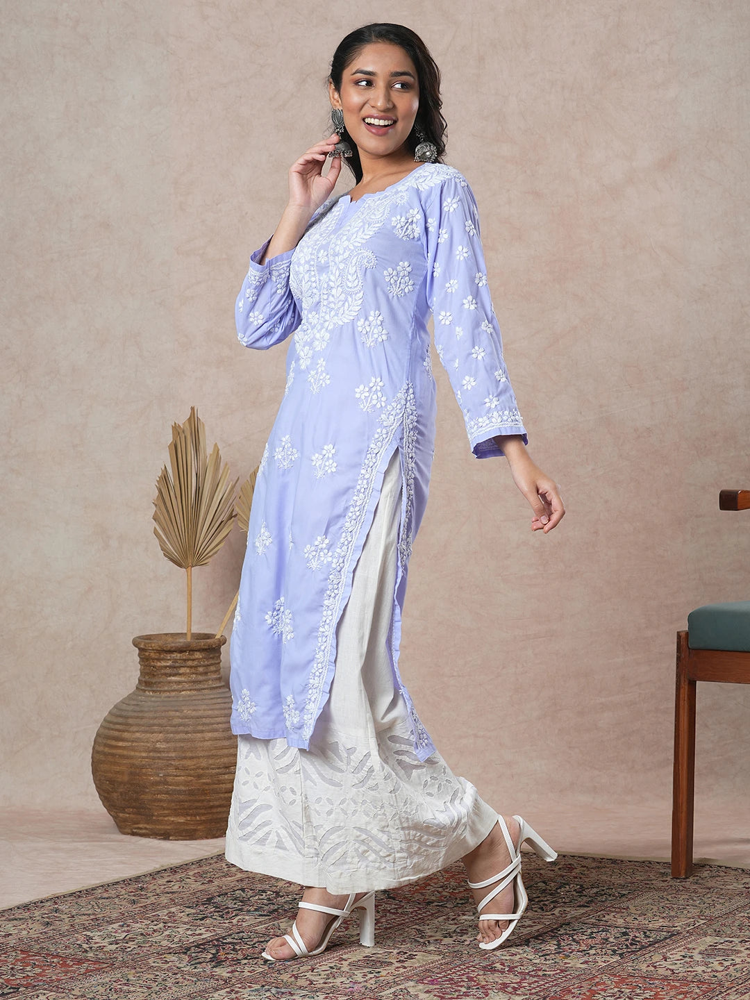 Ada Hand Embroidered Mauve Cotton Lucknowi Chikankari Straight Kurta A411700