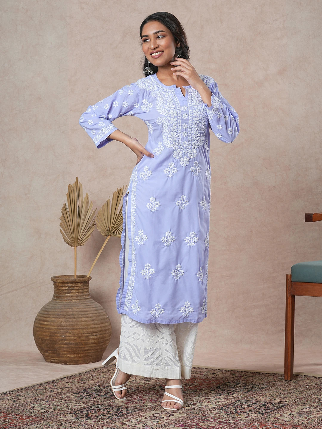 Ada Hand Embroidered Mauve Cotton Lucknowi Chikankari Straight Kurta A411700