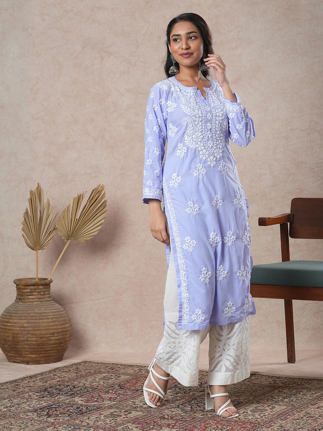 Ada Hand Embroidered Mauve Cotton Lucknowi Chikankari Straight Kurta A411700