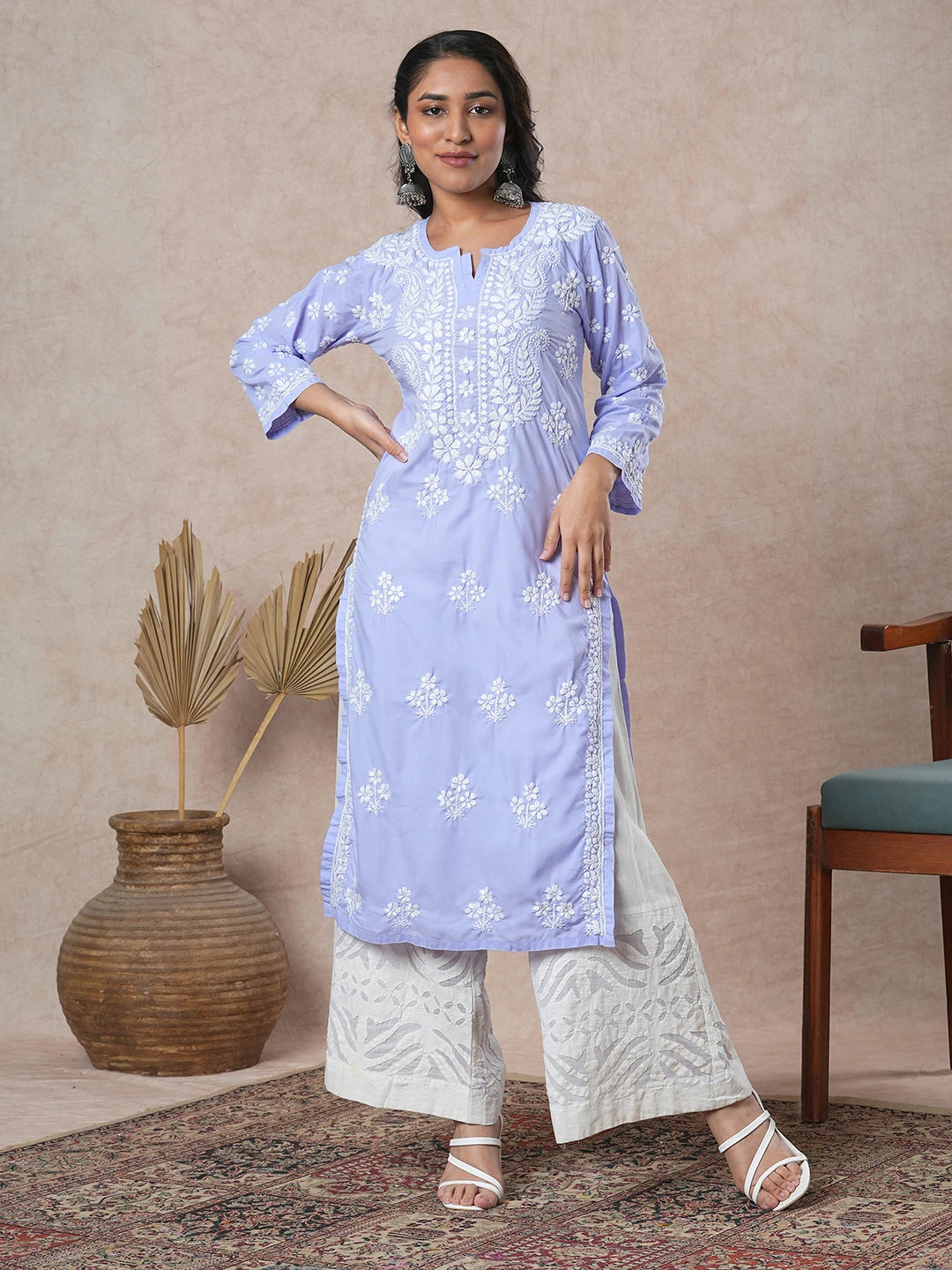 Ada Hand Embroidered Mauve Cotton Lucknowi Chikankari Straight Kurta A411700