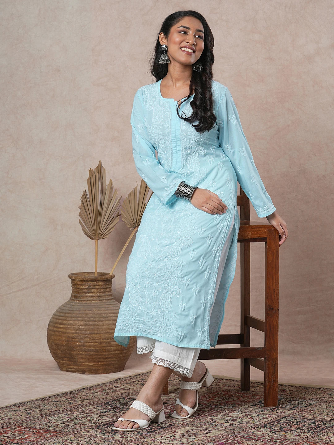Ada Hand Embroidered Blue Cotton Lucknowi Chikankari Straight Kurta A411683