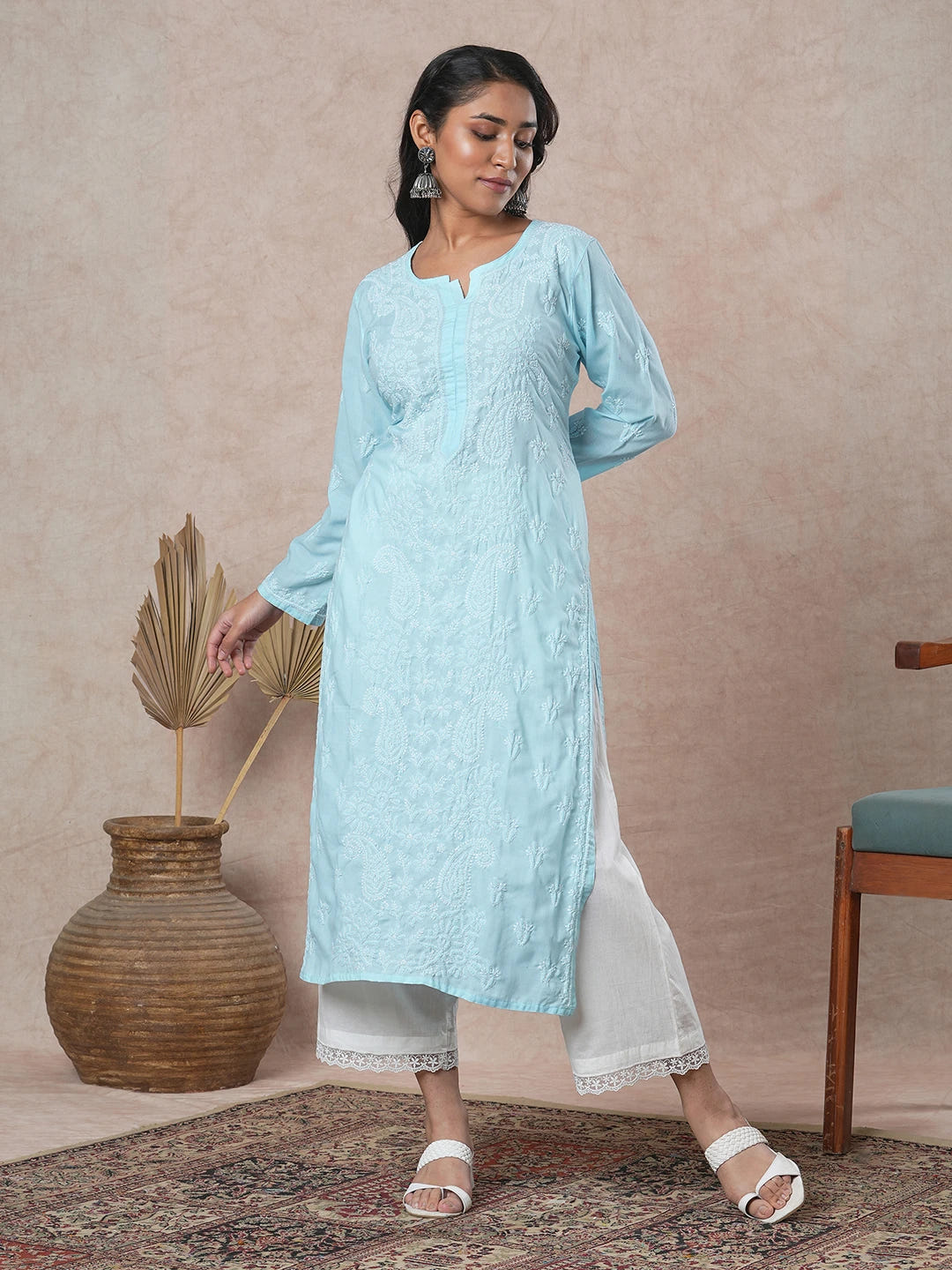 Ada Hand Embroidered Blue Cotton Lucknowi Chikankari Straight Kurta A411683