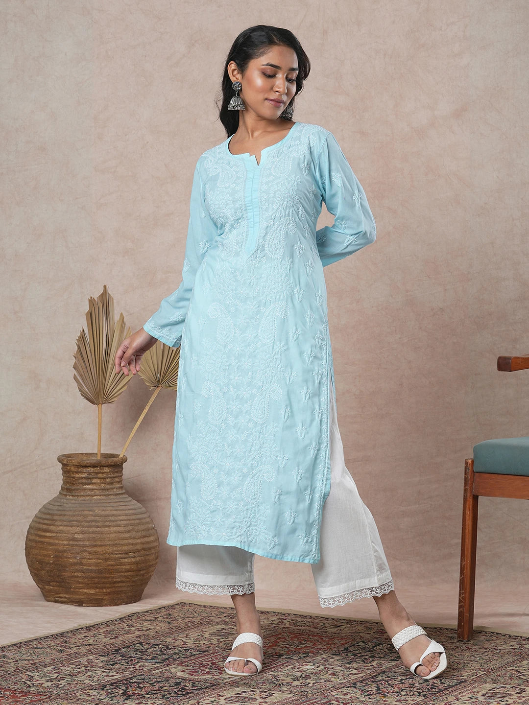 Ada Hand Embroidered Blue Cotton Lucknowi Chikankari Straight Kurta A411683