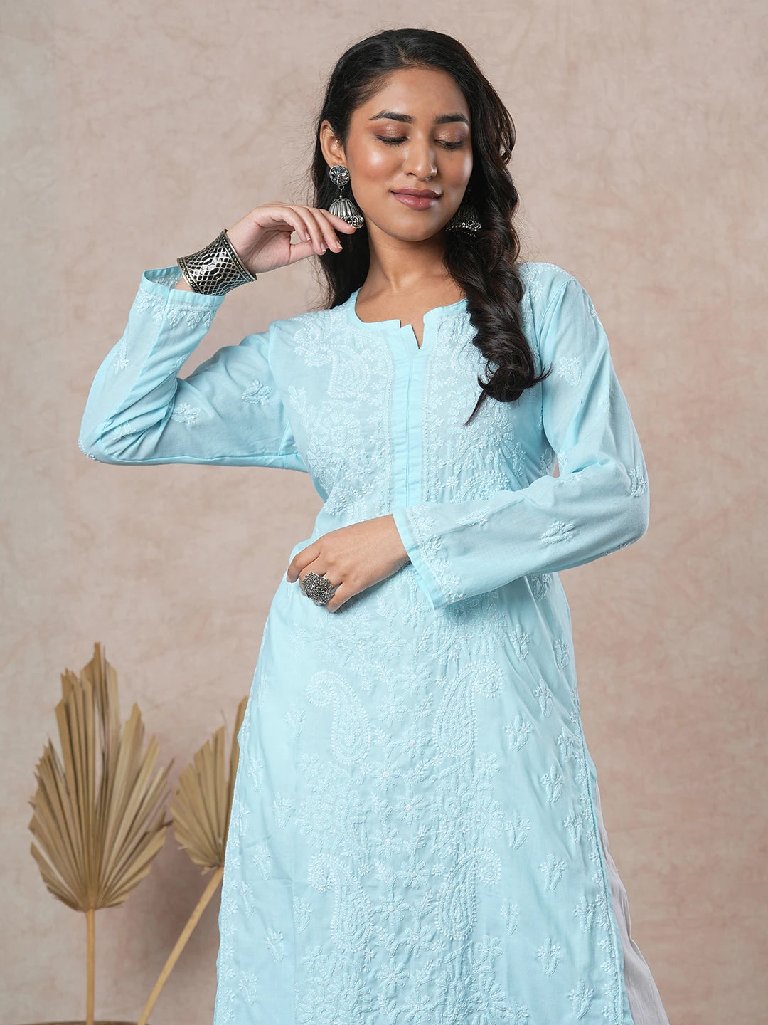 Ada Hand Embroidered Blue Cotton Lucknowi Chikankari Straight Kurta A411683