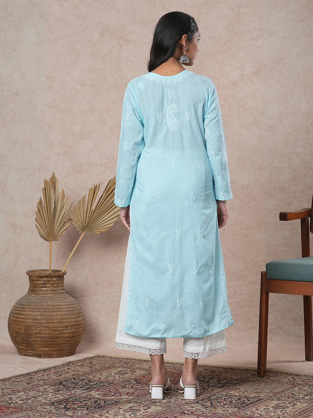 Ada Hand Embroidered Blue Cotton Lucknowi Chikankari Straight Kurta A411683