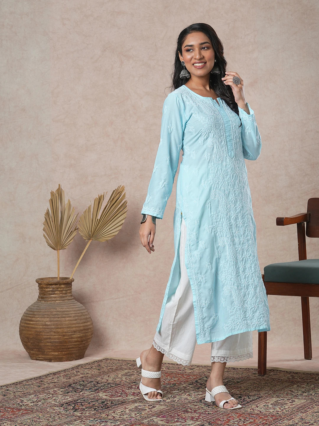 Ada Hand Embroidered Blue Cotton Lucknowi Chikankari Straight Kurta A411683