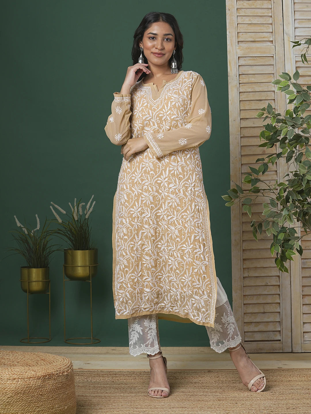 Ada Hand Embroidered Fawn Georgette Lucknow Chikankari Straight Kurta with Slip A90352