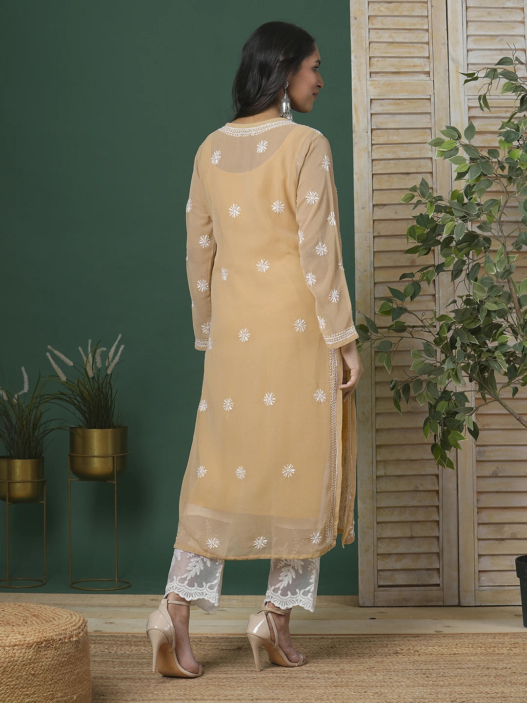 Ada Hand Embroidered Fawn Georgette Lucknow Chikankari Straight Kurta with Slip A90352