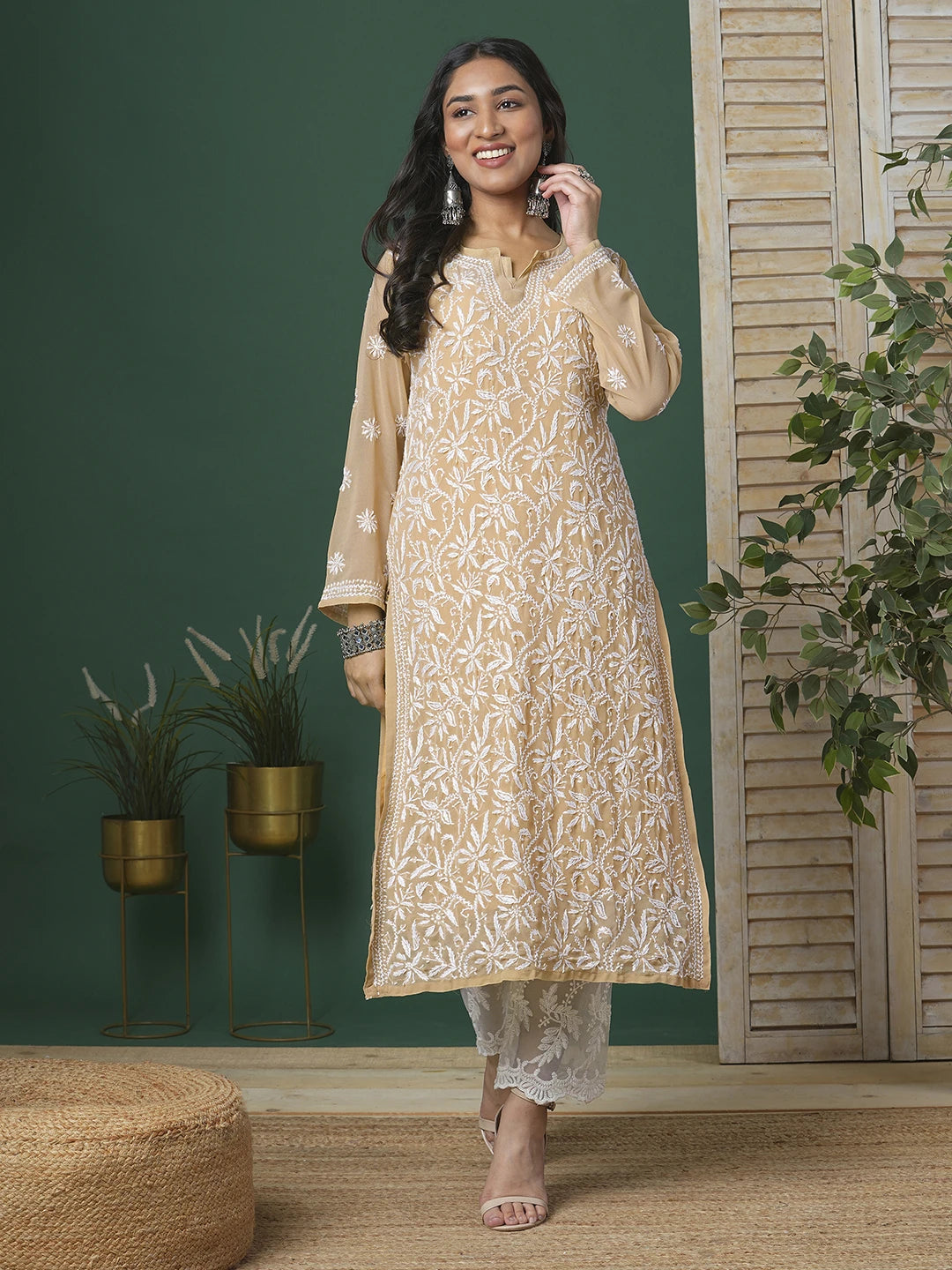 Ada Hand Embroidered Fawn Georgette Lucknow Chikankari Straight Kurta with Slip A90352