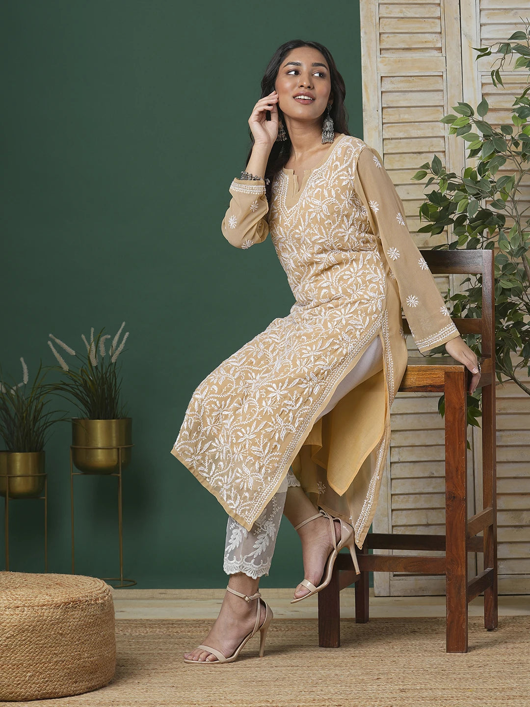 Ada Hand Embroidered Fawn Georgette Lucknow Chikankari Straight Kurta with Slip A90352