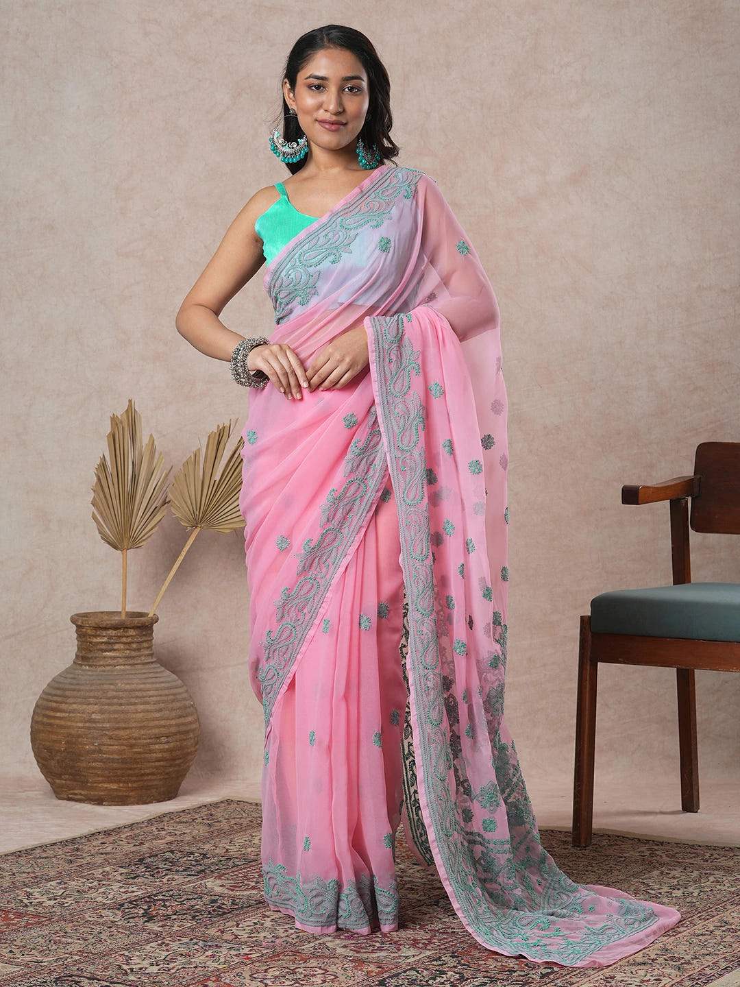 Ada Hand Embroidered Onion Pink Georgette Lucknowi Chikankari Saree With Blouse A311197